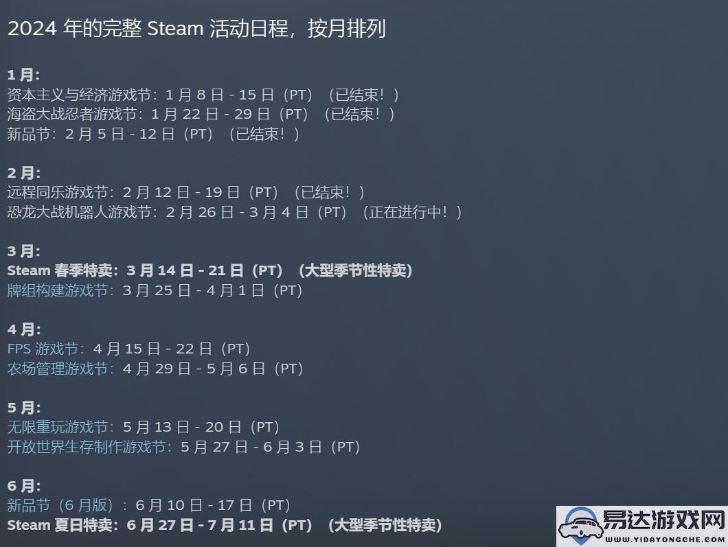 Steam 2024年促销活动时间安排正式公布